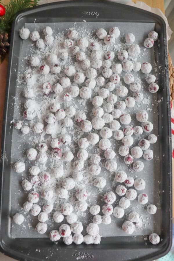 A baking sheet is covered with numerous cranberries dusted in a white powdered coating, likely sugar or flour, arranged in an even layerโa delightful start to a cranberry candy recipe.