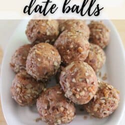 A white plate holds a stack of no bake pumpkin date balls sprinkled with chopped nuts. Text at the top reads No Bake Pumpkin Date Balls and at the bottom HomemadeHeather.com.
