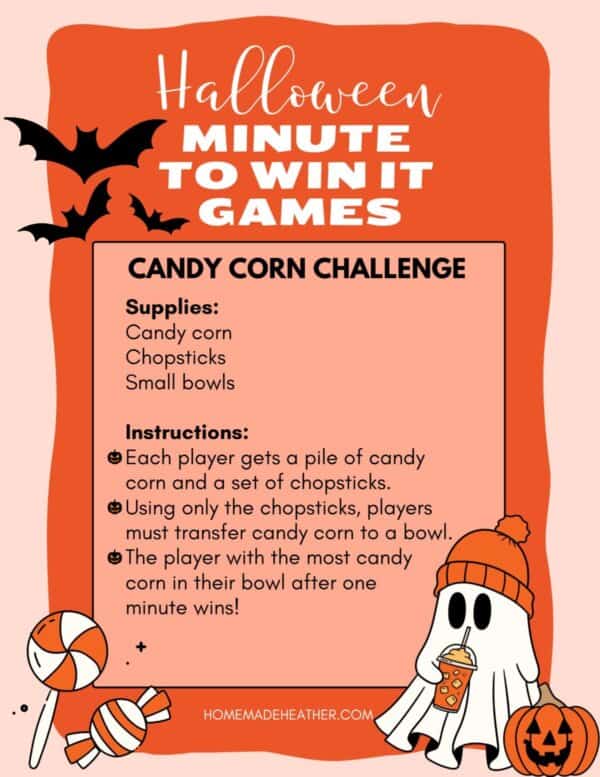 Halloween themed game instructions with a candy corn challenge. Supplies: candy corn, chopsticks, small bowls. Players transfer candy using chopsticks. Most candy in bowl after one minute wins. Decor includes bats, candy, and a ghost.
