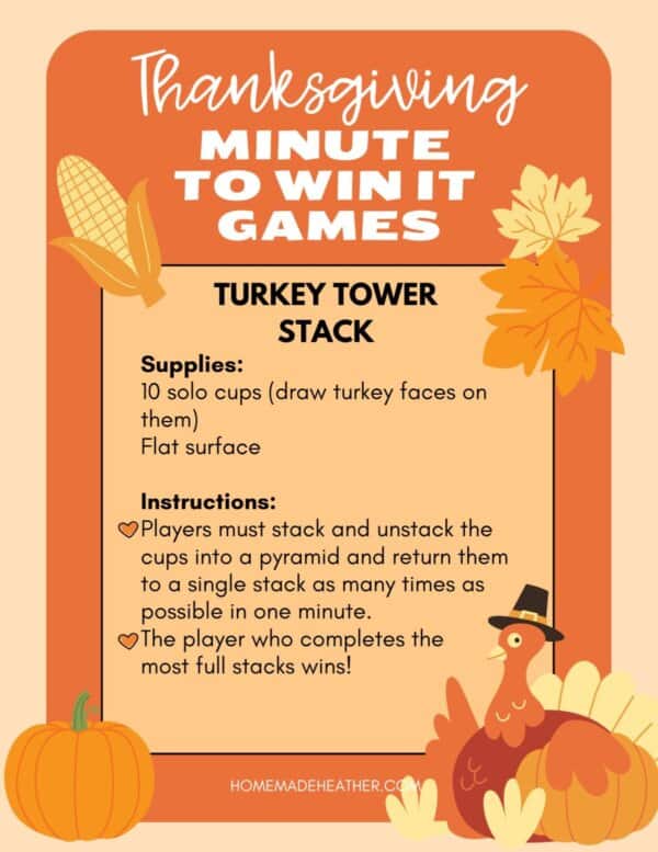 Thanksgiving Minute to Win It Games poster with a turkey theme. It features the Turkey Tower Stack game, listing supplies and instructions for stacking cups with turkey drawings. Autumn leaves and a pumpkin decorate the design.