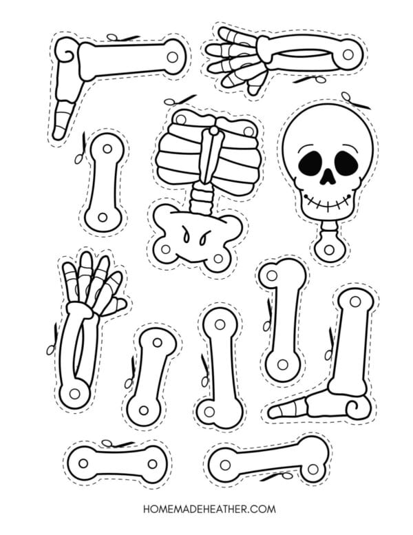 Illustration of various black and white skeleton parts, including a skull, ribs, hands, feet, and bones. Each part is outlined with dashed lines for cutting.