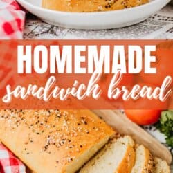 Top image: A sandwich with lettuce, tomato, and turkey on homemade bread. Bottom image: Sliced homemade bread on a wooden board. Text: Homemade Sandwich Bread. Website: homemadeheather.com. A red and white checkered cloth is to the left.