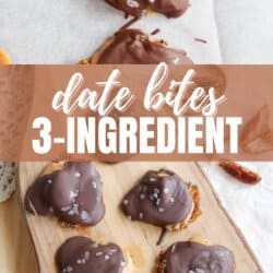 Chocolate coconut date bites, sprinkled with sea salt, rest enticingly on a wooden board. A text overlay announces, Date Bites 3-Ingredient. Discover the recipe at homemadeheather.com.