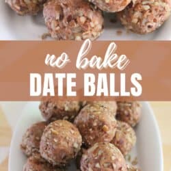A white plate with several no-bake date balls, coated in chopped nuts. Text over the image reads No Bake Date Balls with a website URL at the bottom.