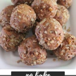 A white plate with a stack of no-bake pumpkin date balls, topped with chopped nuts. The texture appears soft and nutty. Below the plate is text that says, no bake PUMPKIN DATE BALLS homemadedheather.com.