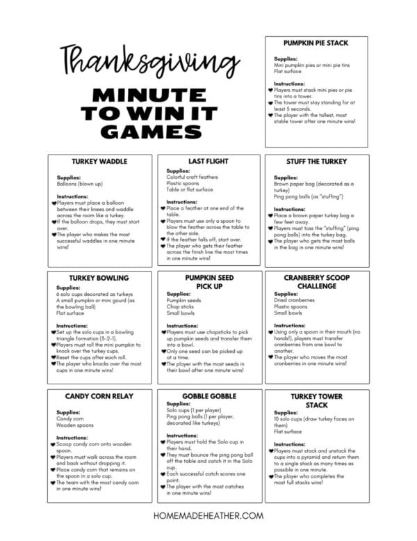 A Thanksgiving-themed chart titled Minute to Win It Games featuring nine different games: Turkey Waddle, Last Flight, Stuff the Turkey, Turkey Bowling, Pumpkin Seed Pick Up, Cranberry Scoop Challenge, Candy Corn Relay, Gobble Gobble Stack, Turkey Tower Stack.