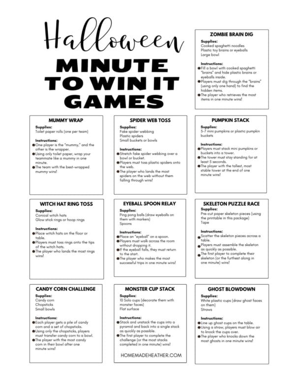 A collection of Halloween Minute to Win It Games on a white background. Includes instructions for games like Zombie Brain Dig, Mummy Wrap, Spider Web Toss, and more. Each game lists supplies needed and gameplay steps.