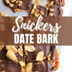 A top view of sliced Snickers chocolate date bark topped with extra chocolate and peanuts on parchment paper. Text overlay reads Snickers Date Bark. Beneath the image is the website name homemadeheather.com.