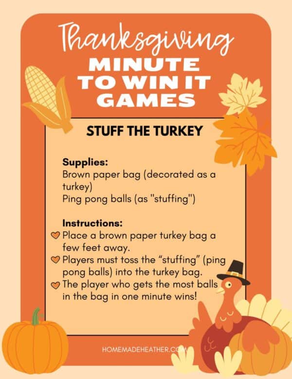 Thanksgiving-themed Minute to Win It game instructions with a turkey and festive decorations. The game is called Stuff the Turkey and involves tossing ping pong balls into a paper bag designed as a turkey.