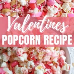 A close-up of a Valentines-themed popcorn recipe, featuring an enticing mix of pink, red, and white candies, pretzels, and sprinkles. A hint of chocolate coconut date bars adds a unique twist. Text reads, Valentines Popcorn Recipe with a website URL at the bottom.