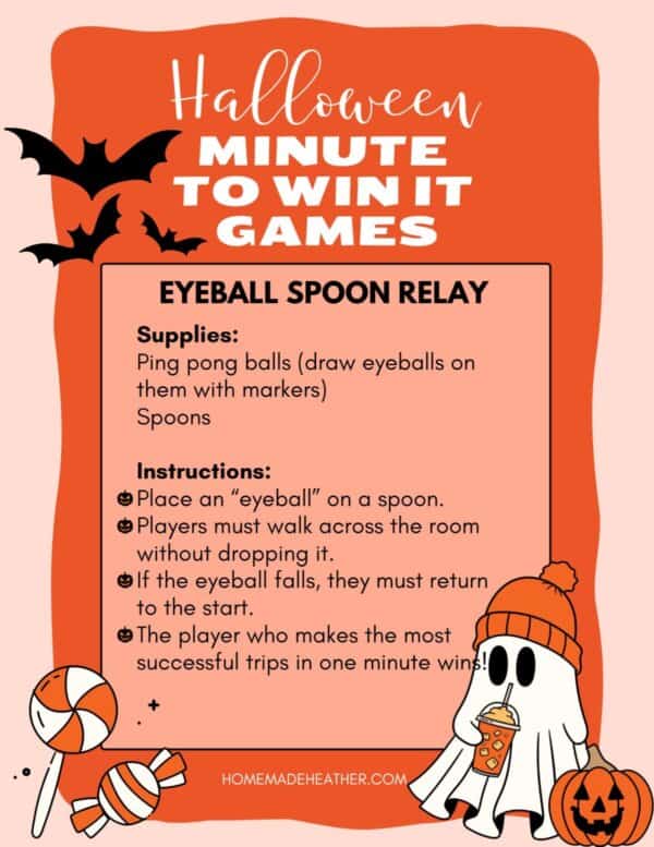 A Halloween-themed poster for a Minute to Win It game titled Eyeball Spoon Relay. It lists supplies as ping pong balls and spoons. Instructions include walking with an eyeball on a spoon. Ghost and bat graphics surround the poster.