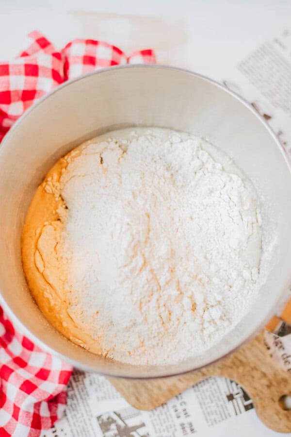 A mixing bowl with flour and dough, sprinkled with homemade everything bagel seasoning, sits on a table. A red and white checkered cloth is partially visible to the left, while newspapers are spread out under the bowl.