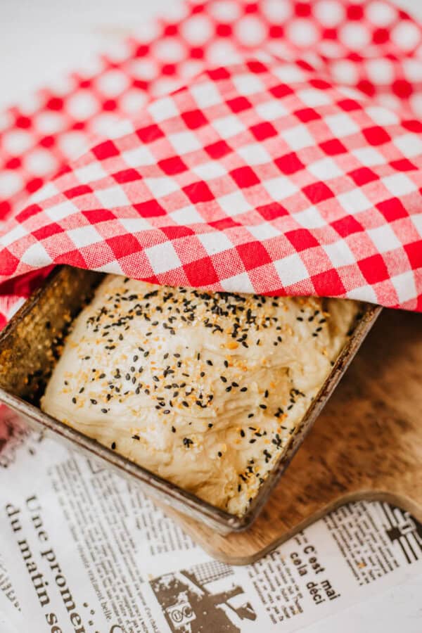 A loaf of bread dough, sprinkled with homemade everything bagel seasoning, is rising in a pan, partially covered by a red and white checkered cloth. The pan rests on a wooden surface lined with newspaper.