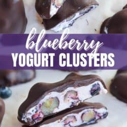 Close-up of blueberry yogurt clusters coated in chocolate on parchment paper. The clusters reveal a creamy white interior with blueberries. The text blueberry yogurt clusters and homemadeheather.com is prominently displayed.