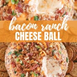 Close-up of a bacon ranch cheese ball topped with bacon bits and herbs. A portion is missing, revealing the creamy interior. Surrounded by round crackers, it pairs perfectly with the best Caesar salad dressing for an irresistible appetizer duo. Website URL at the bottom.