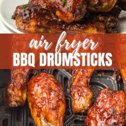 Two images showcase air fryer BBQ drumsticks draped in sauce. The top captures a stack on a plate, while the bottom reveals them sizzling in an air fryer. A text overlay declares air fryer BBQ drumsticks, with a website link neatly placed below.