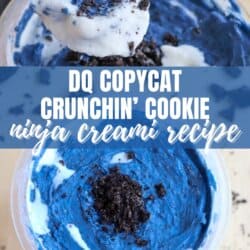 Close-up of a dessert resembling a DQ Crunchin Cookie. The dessert has a creamy blue base topped with crumbled cookies. Text overlays read DQ Copycat Crunchinโ Cookie Ninja Creami Recipe with a website watermark: homemadeheather.com.