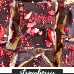 Close-up of chocolate squares topped with crushed strawberries, labeled as Strawberry Peanut Butter Bark. The website homemadeheather.com is at the bottom.