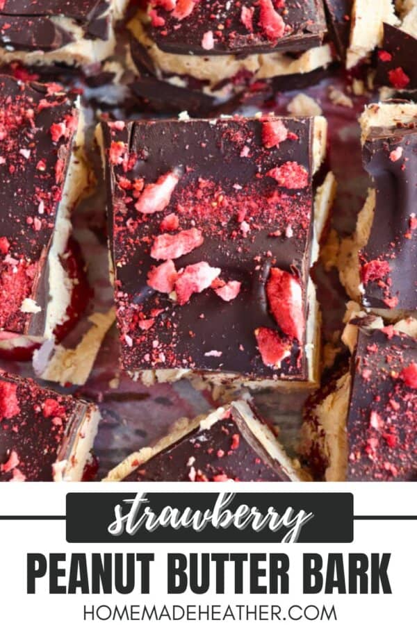 Close-up of chocolate squares topped with crushed strawberries, labeled as Strawberry Peanut Butter Bark. The website homemadeheather.com is at the bottom.