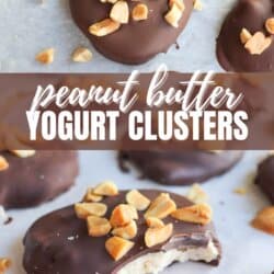 Chocolate-coated yogurt clusters topped with chopped peanuts are displayed on parchment paper. One cluster is shown with a bite taken, revealing the creamy interior. The image includes the text, Peanut Butter Yogurt Clusters and homemadeheather.com.