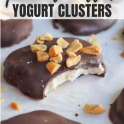 Close-up of peanut butter yogurt clusters topped with chocolate and chopped peanuts. One cluster has a bite taken out, showing the creamy yogurt inside. Text at the top reads โpeanut butter yogurt clusters.โ.