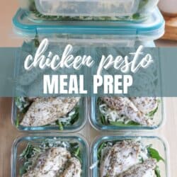 Glass containers filled with chicken pesto meal prep. Each container has seasoned chicken on a bed of greens and shredded vegetables. The text Chicken Pesto Meal Prep and a website URL appear over the image.