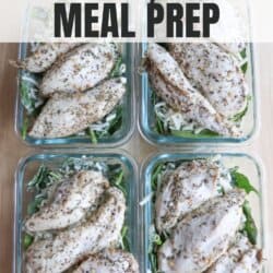 Top view of four meal prep containers with chicken pesto. Each container holds seasoned chicken over a bed of spinach and pasta. Text at the top reads chicken pesto meal prep and the bottom displays homemadeheather.com.