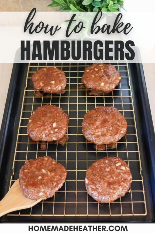 Raw hamburger patties on a wire rack atop a baking sheet, ready to cook. Text at the top reads, How to Bake Hamburgers, and a website URL is at the bottom. A small green plant is visible in the background.