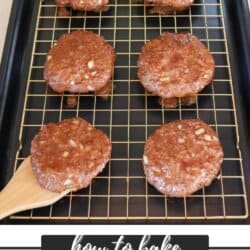 Six raw hamburger patties with visible onion pieces are placed on a wire rack over a baking tray. A wooden spatula rests under one patty. Text at the bottom reads how to bake hamburgers and homemadeheather.com.