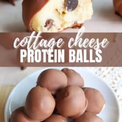 A close-up of chocolate-coated cottage cheese protein balls, one with a bite showing chocolate chips inside. Text reads best cottage cheese protein balls with a website link: homemadeheather.com.