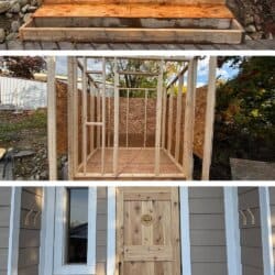 Three images detailing a DIY shed construction: The top shows a wooden foundation; the middle displays the framed structure with walls partially assembled; the bottom reveals the completed shed with siding, a wooden door, and decorations. Perfect inspiration for your next wood fire sauna project.