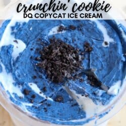 Blue ice cream with cookie crumbles on top in a clear container. Text reads: Ninja Creami crunchin cookie DQ copycat ice cream and homemadeheather.com.