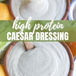 Top view of a wooden bowl filled with creamy Caesar dressing, surrounded by lettuce and lemons. The bowl features a wooden spoon. Text overlay reads high protein Caesar dressing and homemadeheather.com.