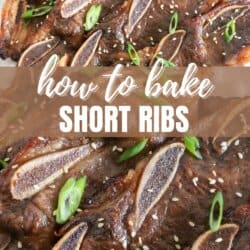Plate of baked short ribs garnished with green onions and sesame seeds. The image has the text how to bake short ribs and homemadeheather.com overlaid on it.