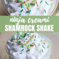 Two images of a green shamrock shake in clear cups topped with whipped cream, green and gold sprinkles. Ninja Creami Shamrock Shake text overlays the center, showcasing this delightful drink from our favorite shamrock shake ninja recipe. homemadeheather.com is at the bottom.