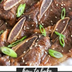 Close-up of baked short ribs garnished with sesame seeds and sliced green onions. The text reads how to bake SHORT RIBS with a website name below. The ribs are glossy and rich in color.