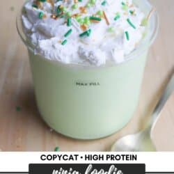 A light green shamrock shake, whipped to perfection with a Ninja twist, is topped with whipped cream and festive sprinkles. A green and white striped straw invites you in, while a spoon rests nearby. Text overlays the image revealing this deliciously high-protein copycat recipe.