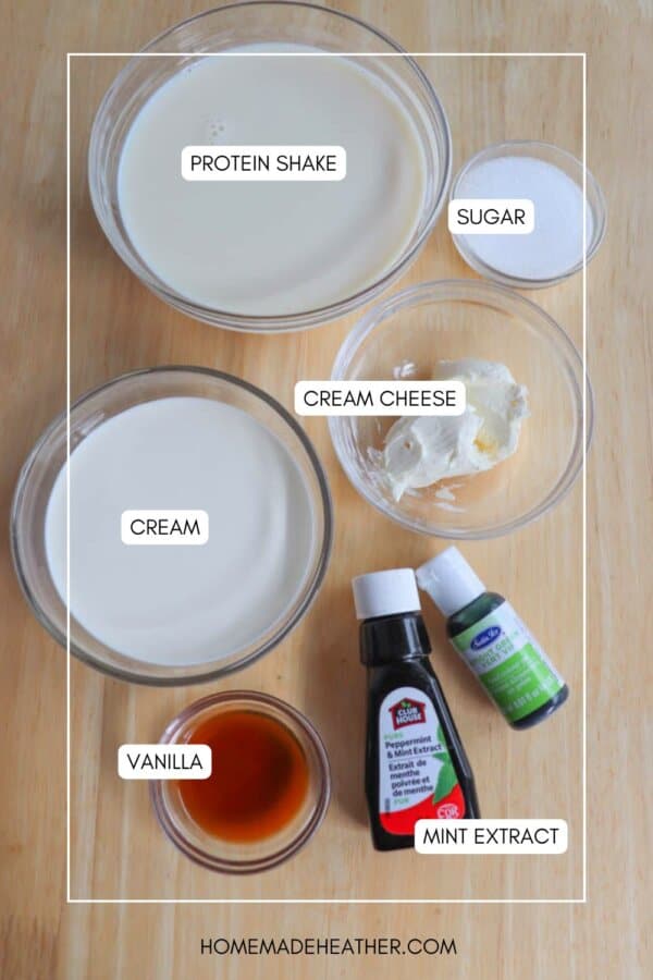 Top-down view of ingredients in bowls and bottles on a wooden surface. Visible items are labeled: protein shake, cream, cream cheese, sugar, vanilla, and mint extract. The text homemadeheather.com appears at the bottom.