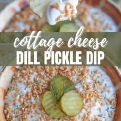 Top image: A hand holding a chip with cottage cheese dill pickle dip. Bottom image: A bowl of cottage cheese dill pickle dip topped with pickle slices and dill. Overlay text reads cottage cheese dill pickle dip and homemadeheather.com.