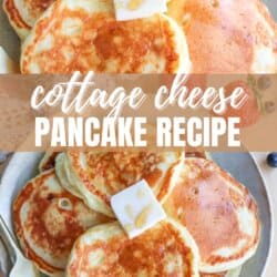 A plate of fluffy cottage cheese pancakes is topped with a pat of butter, with another butter-topped stack in the background. The text reads Cottage Cheese Pancake Recipe and homemadeheather.com.