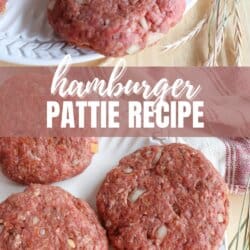 Close-up of raw hamburger patties with visible chopped onions on a white plate. The top text reads hamburger pattie recipe, while the bottom features the URL: homemadeheather.com. A red and white cloth is partially visible, ready to accompany your meal with the best Caesar salad dressing.