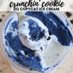 A bowl of blue and white swirl ice cream topped with cookie crumbles, styled to mimic a Ninja Creami creation. Text on the image reads Ninja Creami Crunchin Cookie Dough Copycat Ice Cream. Cookie bits are scattered around.