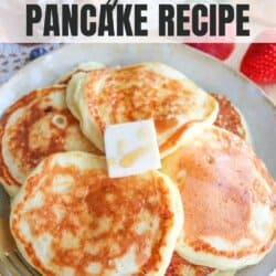 Plate of golden-brown pancakes topped with a pat of butter and honey, accompanied by a fork. The text cottage cheese pancake recipe is at the top, with the website homemadeheather.com at the bottom.