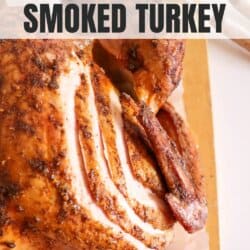 Sliced smoked turkey on a parchment-lined surface with visible seasoning, showcasing juicy and tender meat. Top text reads the best SMOKED TURKEY. Bottom text shows HOMEMADEHEATHER.COM. Knife visible in the background.