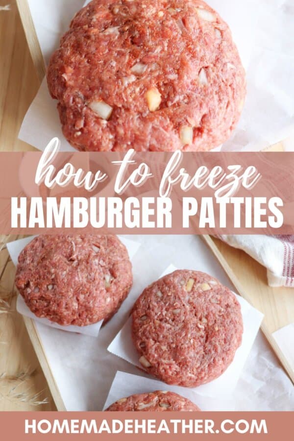 Two images showing raw hamburger patties on parchment paper. The top image shows a single patty, while the bottom image displays three patties. The overlay text reads, How to freeze hamburger patties.