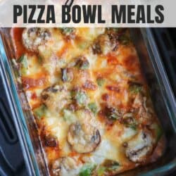 A baked dish with melted cheese, mushrooms, and herbs is shown in a rectangular glass container. Text above the dish reads cottage cheese pizza bowl meals, and homemadeheather.com is at the bottom.