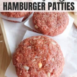 Raw hamburger patties with visible onion bits are placed on wax paper. Text over the image reads, how to freeze hamburger patties and homemadeheather.com.