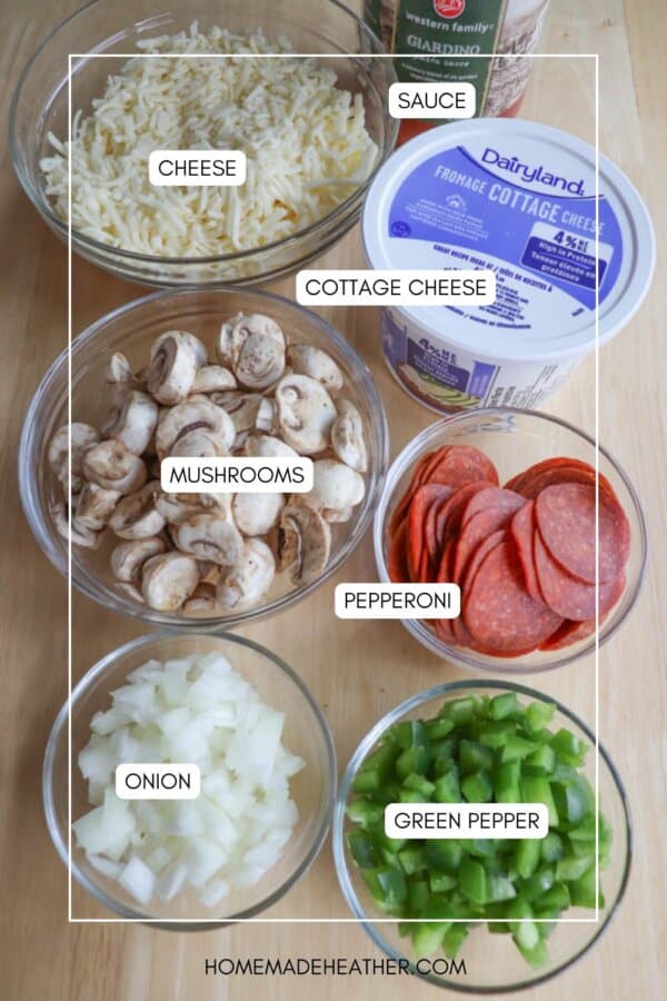 Ingredients for a pizza or casserole are laid out in bowls: shredded cheese, mushrooms, diced onions, sliced pepperoni, cubed green peppers, cottage cheese, and sauce. Each ingredient is labeled.