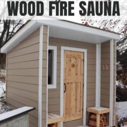 Small wooden sauna with tan siding and a natural wood door, situated outdoors in a snowy setting. Two benches with firewood are beside the door. The image includes written text: Do-It-Yourself Wood Fire Sauna, and a URL at the bottom.