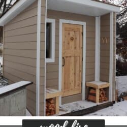 A small DIY cedar sauna with light brown siding and a wooden door. Two benches with stacked firewood flank the entrance. Snow is on the ground, and bare trees surround the structure. Text at the bottom reads: โWood Fire DIY Cedar Sauna.โ.